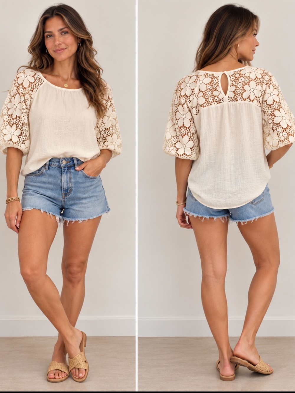 EUC Marc New York Womens Top M/L Cream Lace Crochet Balloon Sleeve Boho